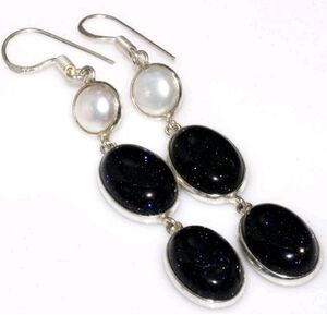 Blue Sandstone, Pearl Gemstone 925 Sterling Silver Handmade Drop Dangle Earrings